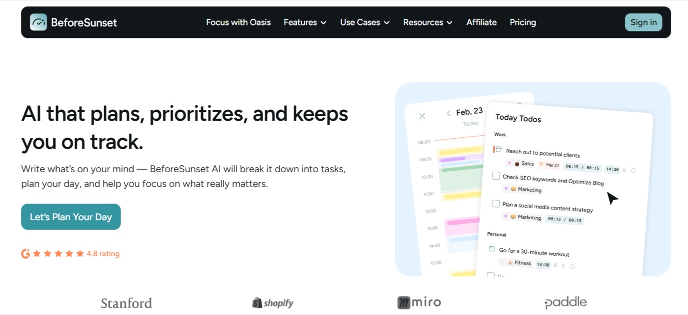 BeforeSunset AI homepage: AI that plans, prioritizes, and keeps you on track