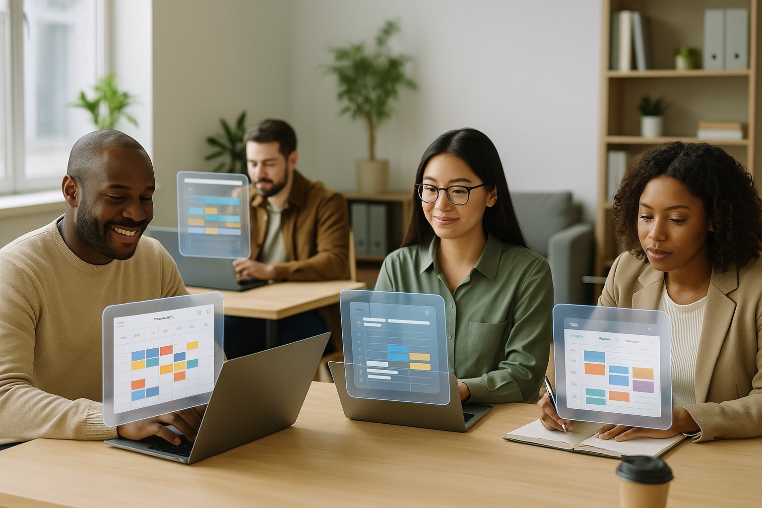 A team working at a shared table, each with an AI calendar view floating above their laptop