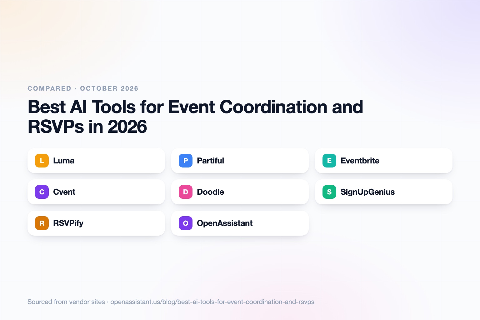 A card grid of event tools grouped by job: registration and RSVPs, group scheduling, volunteer sign-ups, enterprise events, and an AI assistant for guest coordination.