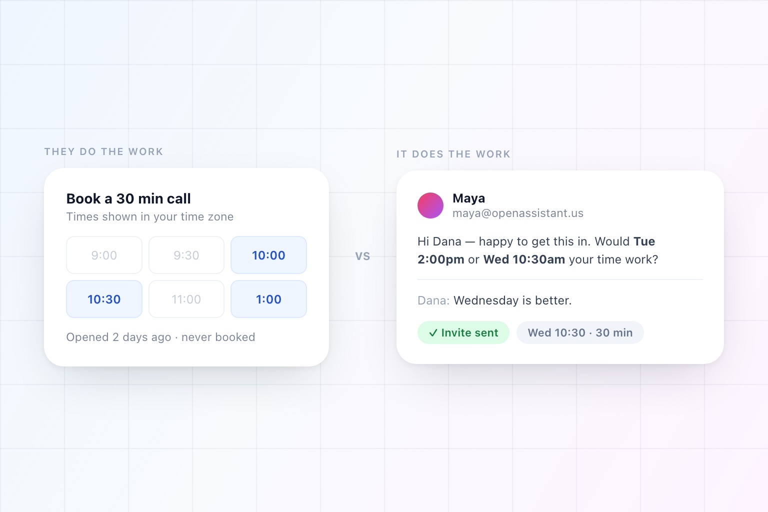 A booking link page beside an email thread where an assistant proposes three meeting times and confirms the invite