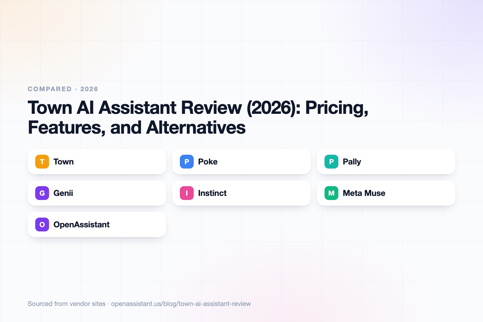 A product card for Town showing a Townie assistant with an @town.com address, a list of routines, and an approval prompt before an email is sent.