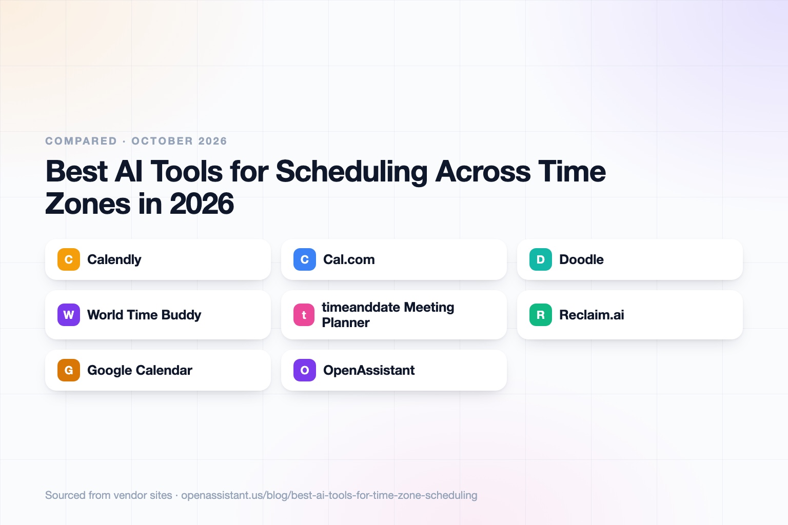 A card grid of time zone scheduling tools grouped by type: booking links, group polls, world-clock planners, calendar assistants, and email schedulers.