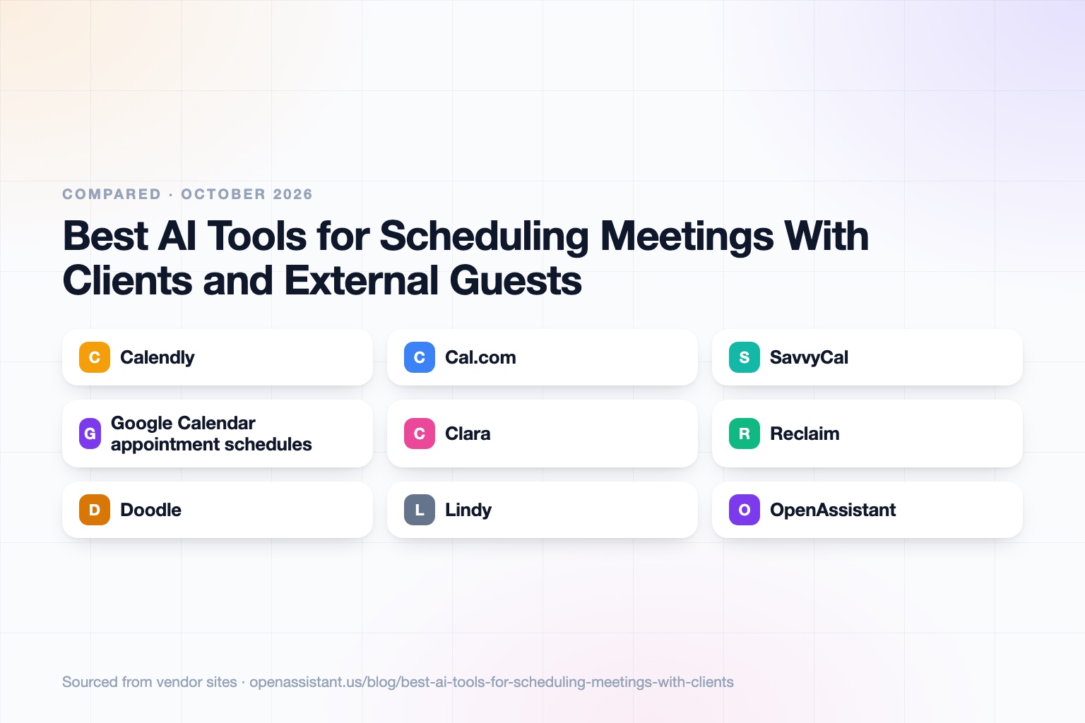 A grid of cards for scheduling tools grouped by booking links, email-based assistants, round-robin routing, and group polls.