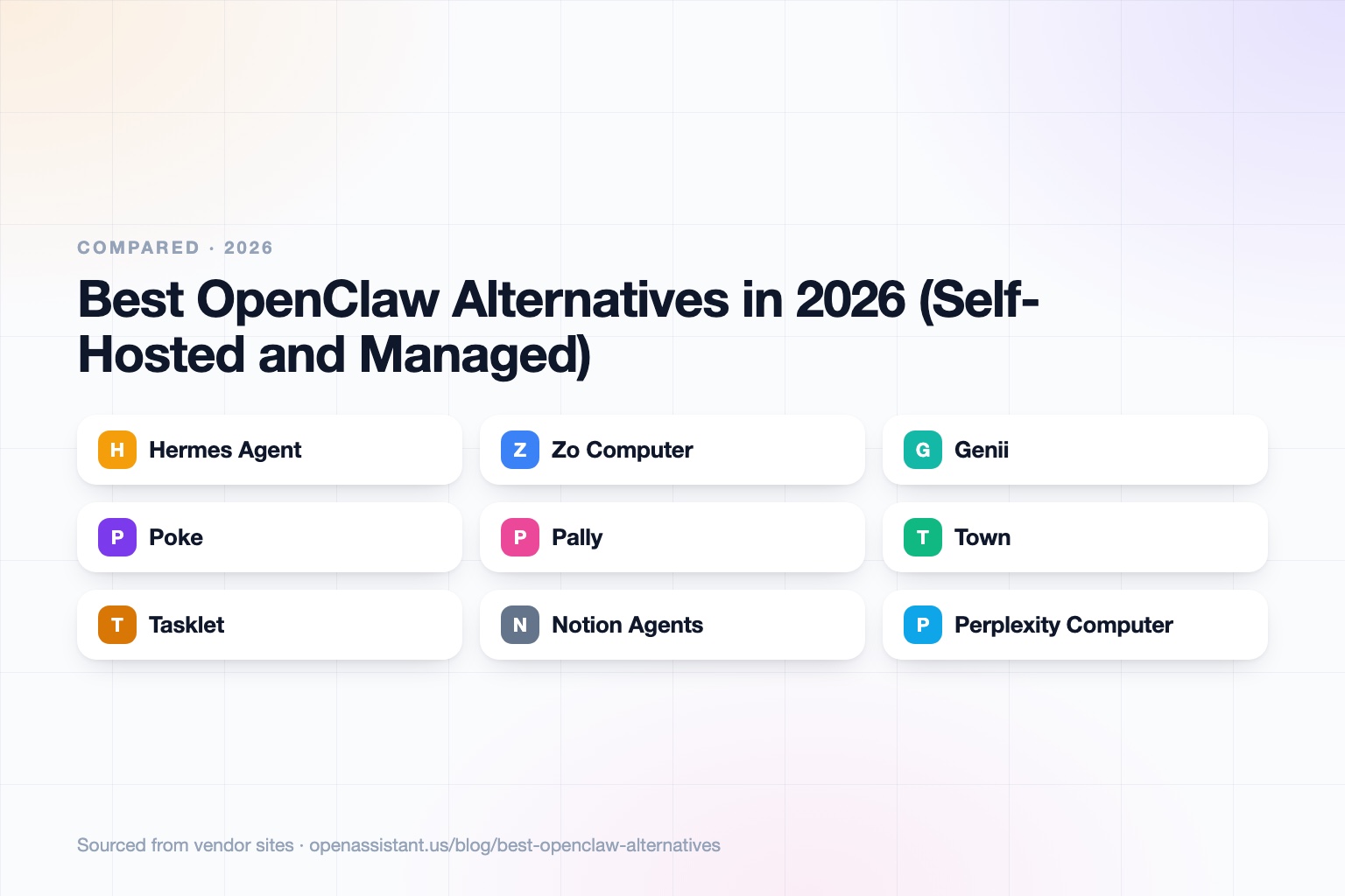 A grid of cards for Hermes Agent, Zo Computer, Genii, Poke, Town, Pally, Tasklet, Notion Agents, Perplexity Computer, and OpenAssistant, split into self-hosted and managed groups.