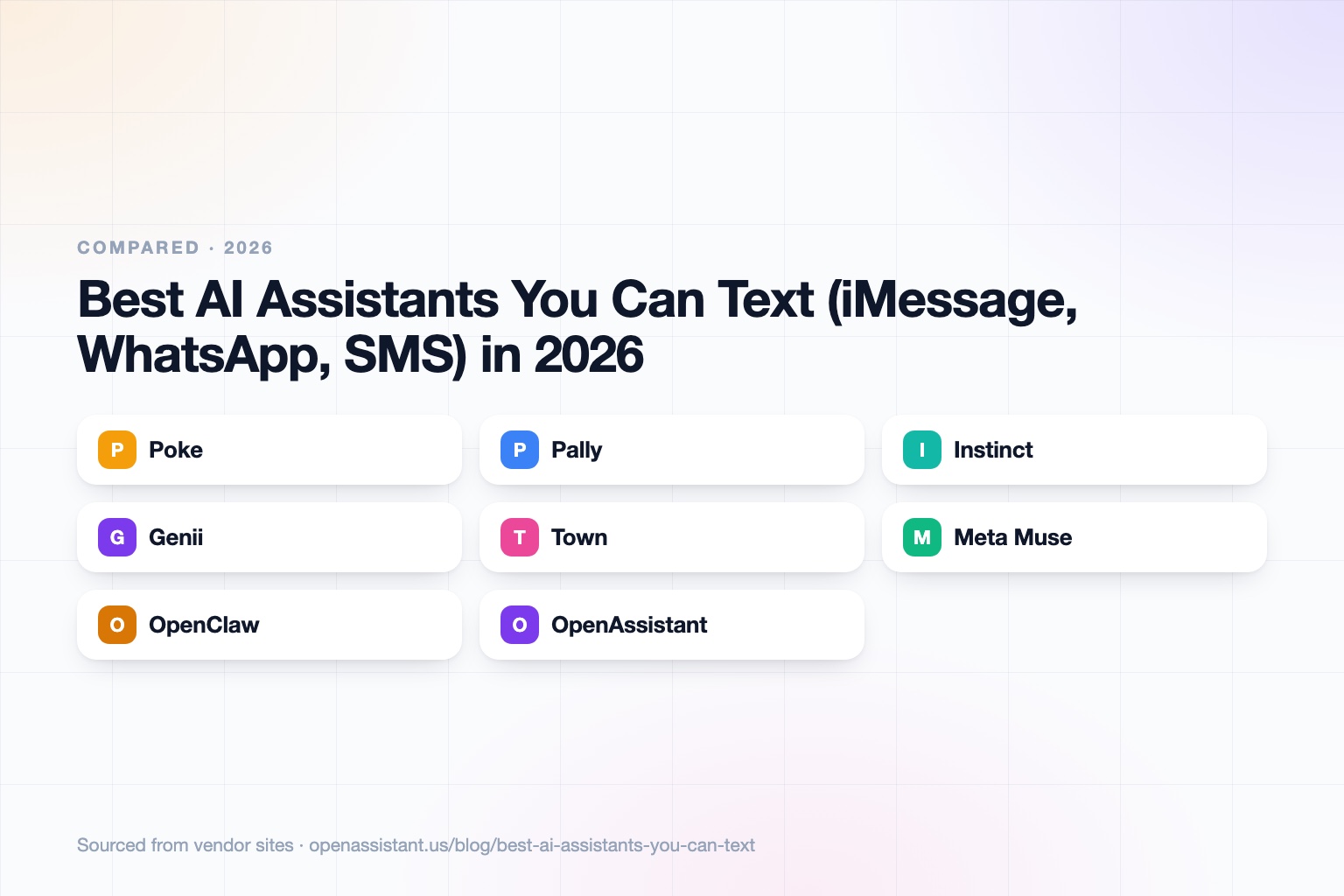 A phone showing a text conversation with an AI assistant, surrounded by cards for Poke, Pally, Instinct, Genii, Town, Meta Muse, and OpenAssistant labeled with iMessage, WhatsApp, SMS, and calls.