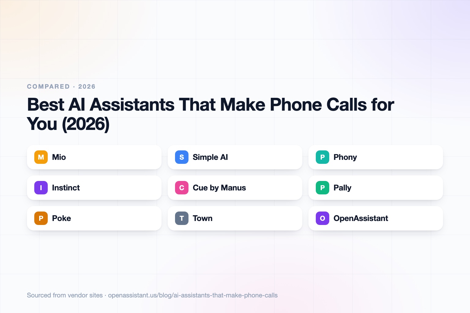 Cards for Mio, Simple AI, Phony, Instinct, Cue by Manus, Pally, Poke, Town, and OpenAssistant, plus a separate row for Retell, Vapi, and Bland, grouped by consumer call apps, assistants with their own number, and developer platforms.