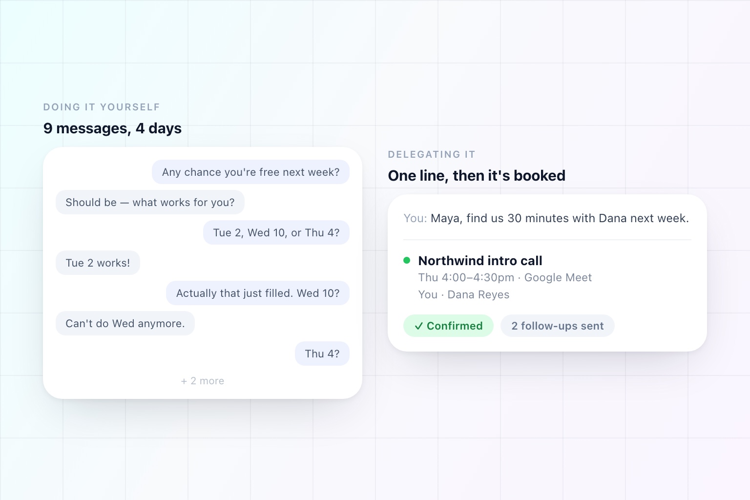A nine-message email thread collapsing into a single confirmed calendar invite handled by an assistant