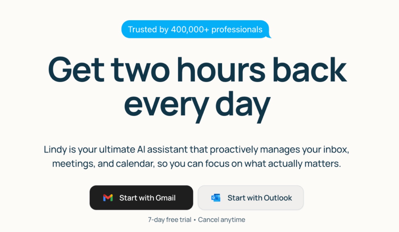 Lindy homepage: Get two hours back every day