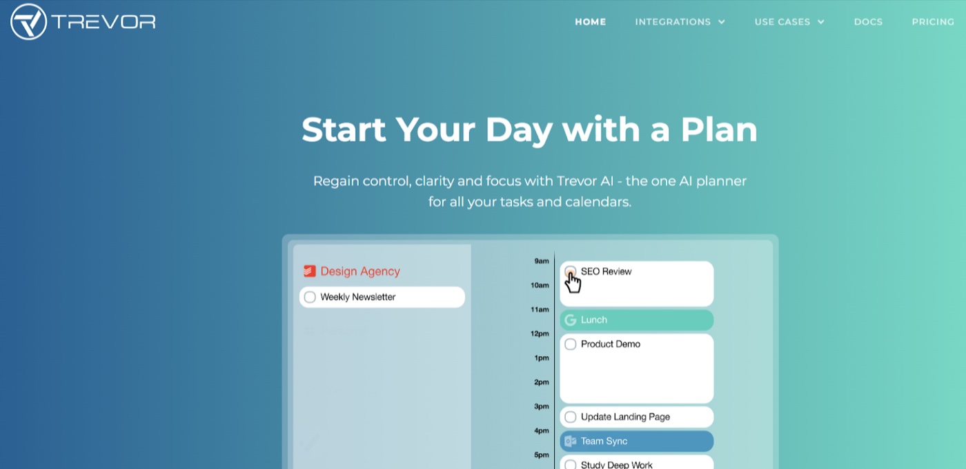 Trevor AI homepage: Start Your Day with a Plan